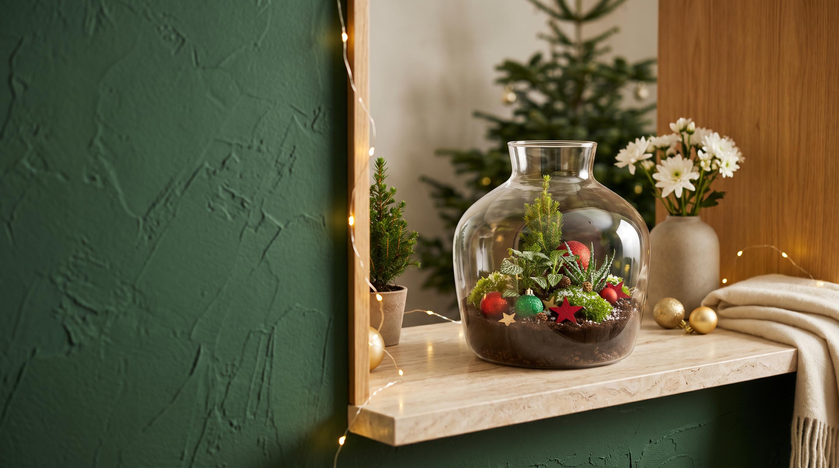 Holly Christmas terrarium with a mini Christmas tree on a marble shelf against a dark green wall