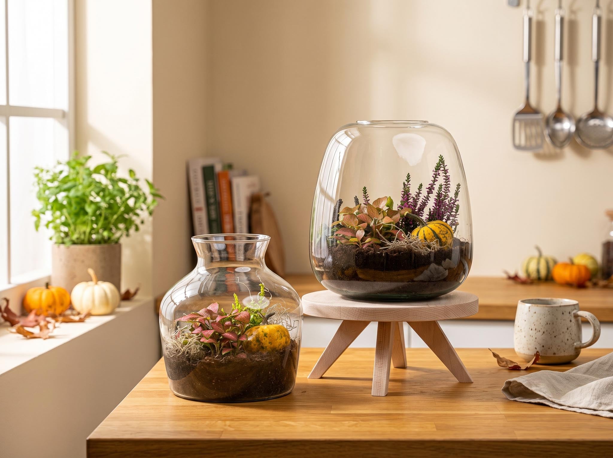 Autumn terrarium with pumpkins: open, closed and a little Halloween