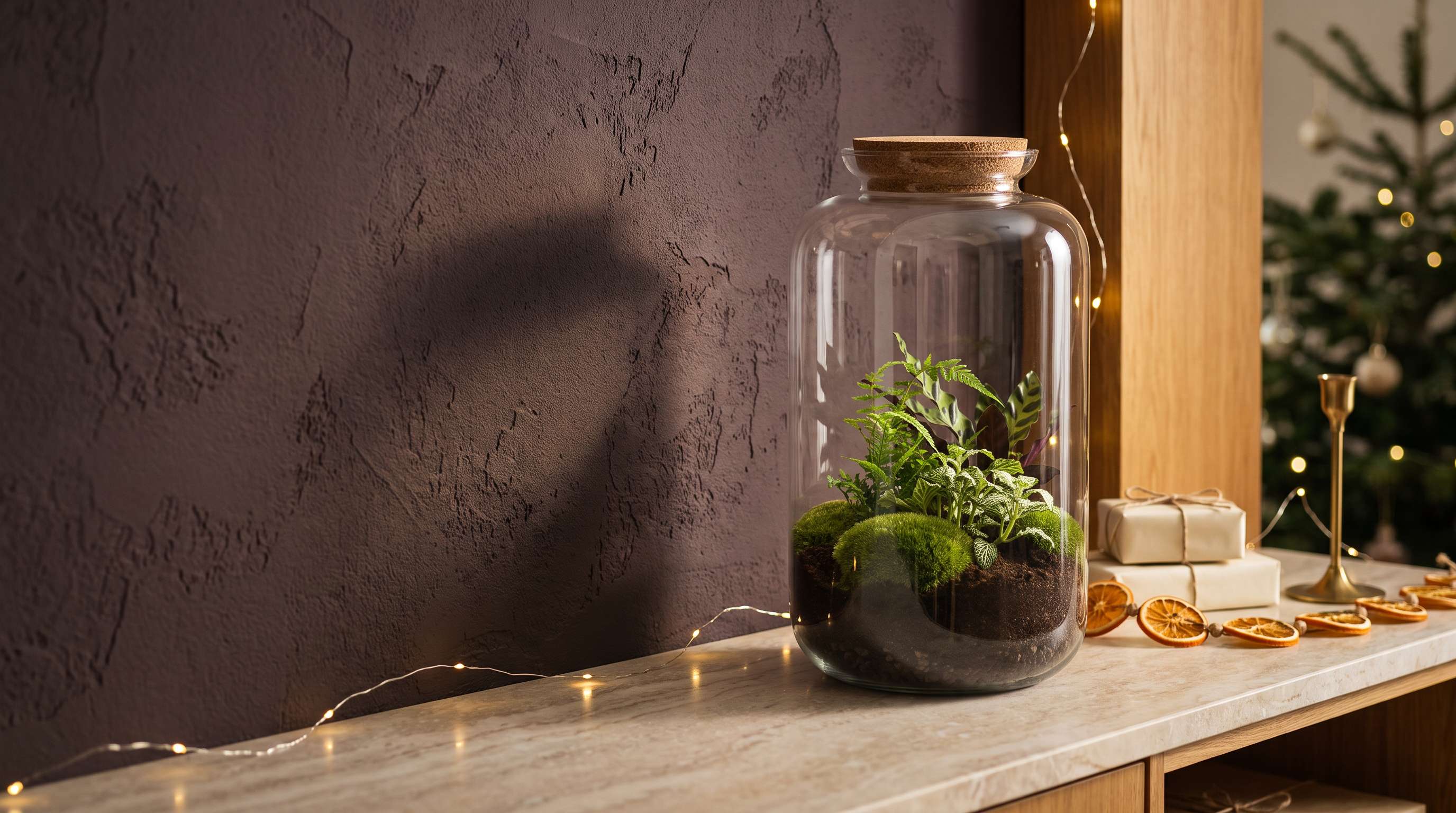 Sven XL Botanical terrarium with cream parcels, orange slice garland and fairy lights against a dark aubergine wall