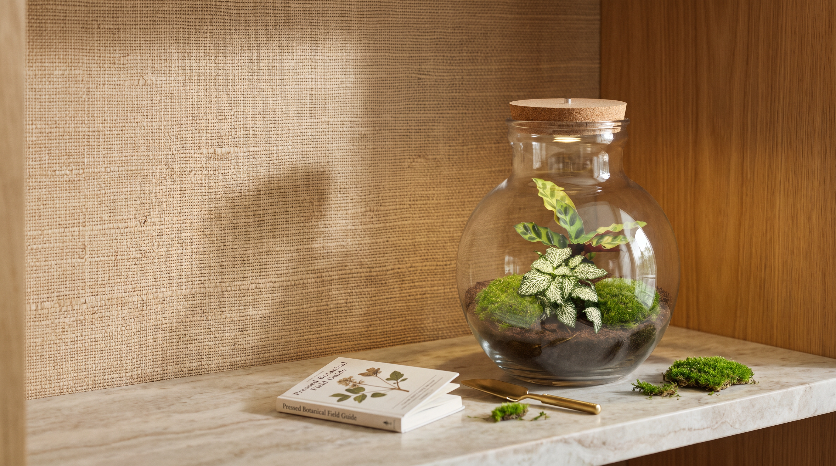 Teddy closed glass terrarium with Calathea Lancifolia and Fittonia White Tiger on a stone shelf against a woven grasscloth wall