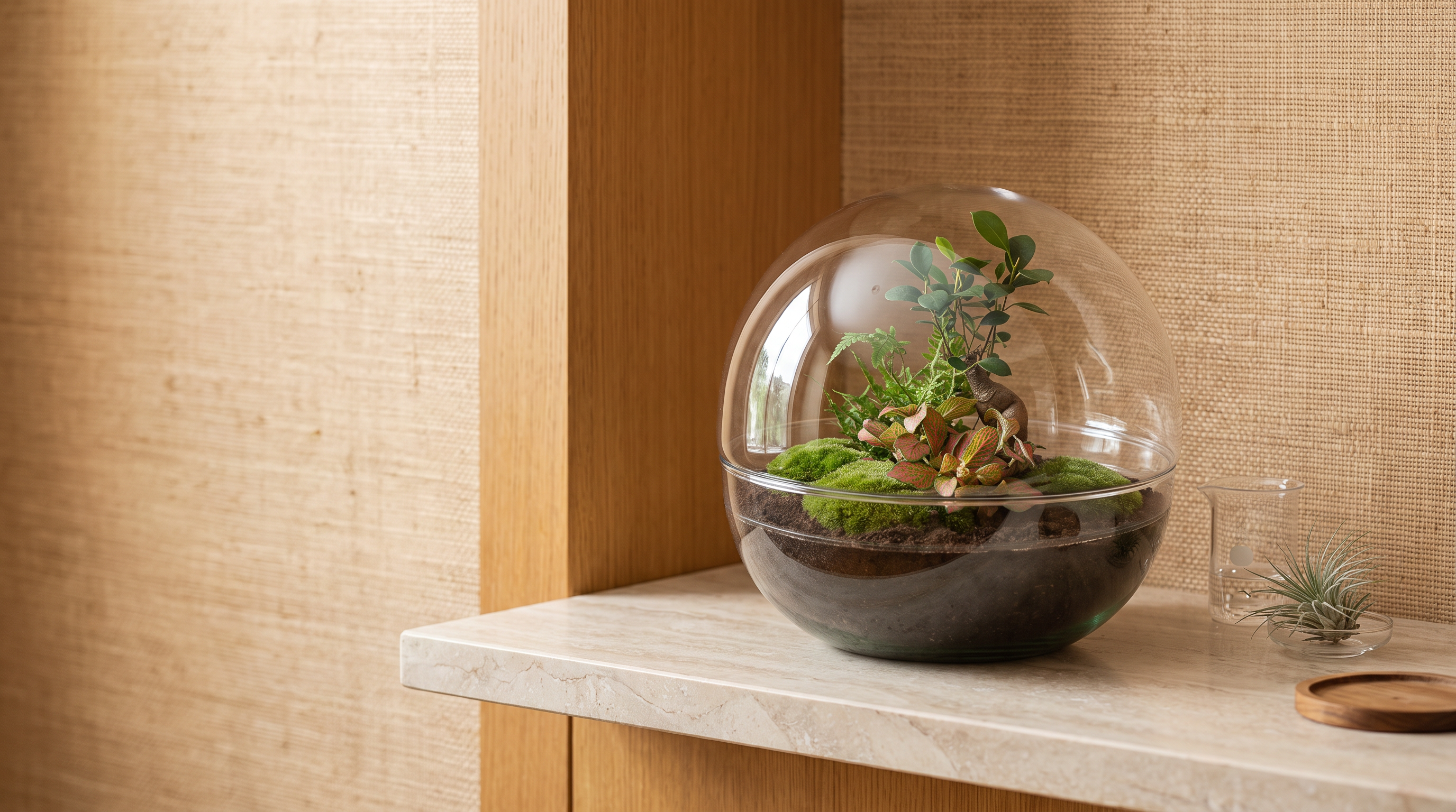 Dome XL Bonsai closed glass terrarium with a water droplet beaker and feather-like air plant on a stone shelf