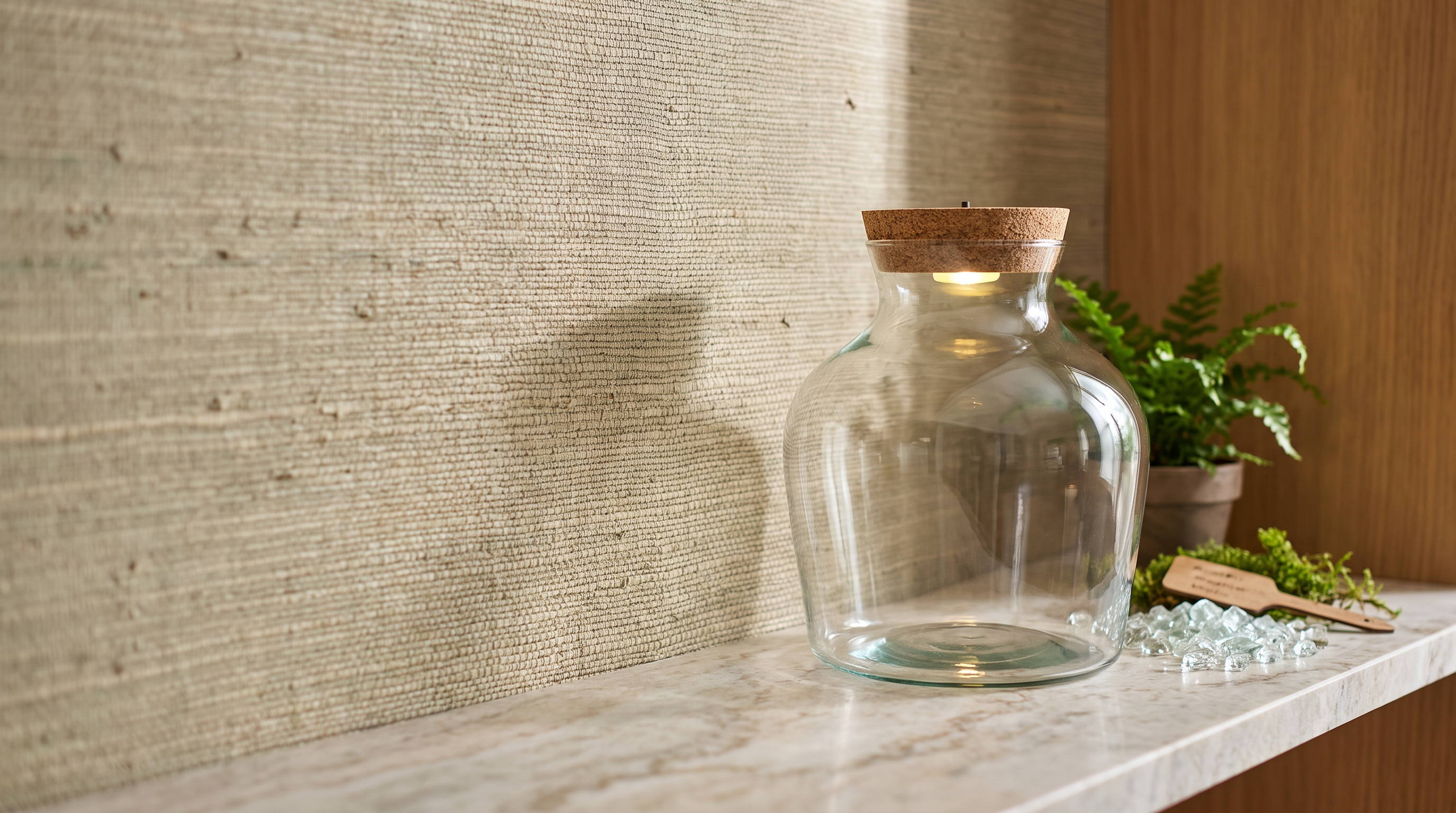 Little Joe recycled-glass terrarium bottle with LED cork light on a stone shelf next to glass cullet and moss