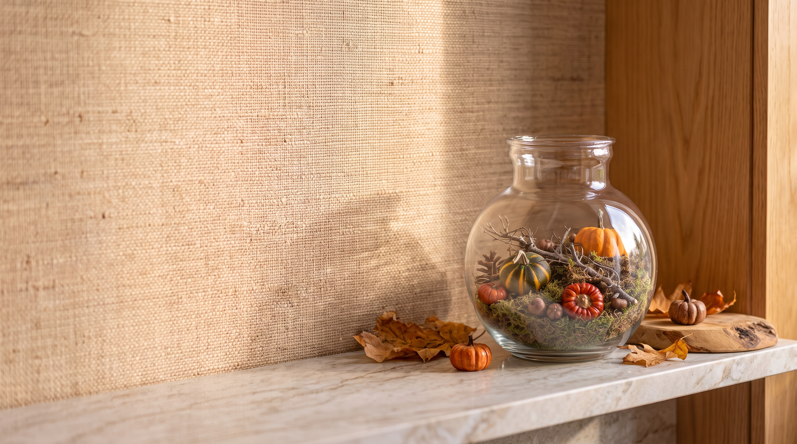 Open autumn terrarium in a recycled glass Teddy bottle with two real pumpkins and seasonal decoration on a stone shelf