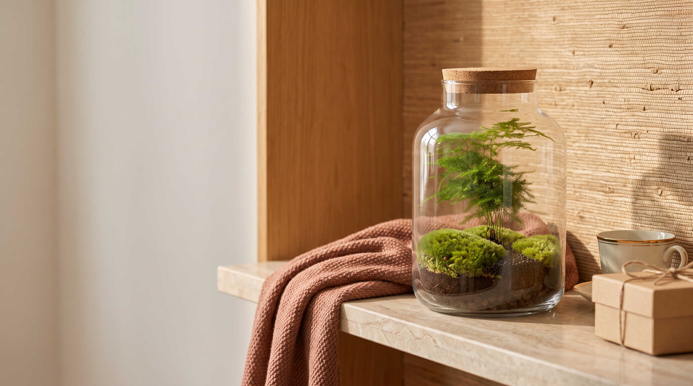 Jar Asparagus terrarium displayed as a Tag der Großeltern gift, next to a cozy knitted blanket, a vintage teacup and a wrapped gift box in a warm honey and sage-green interior.
