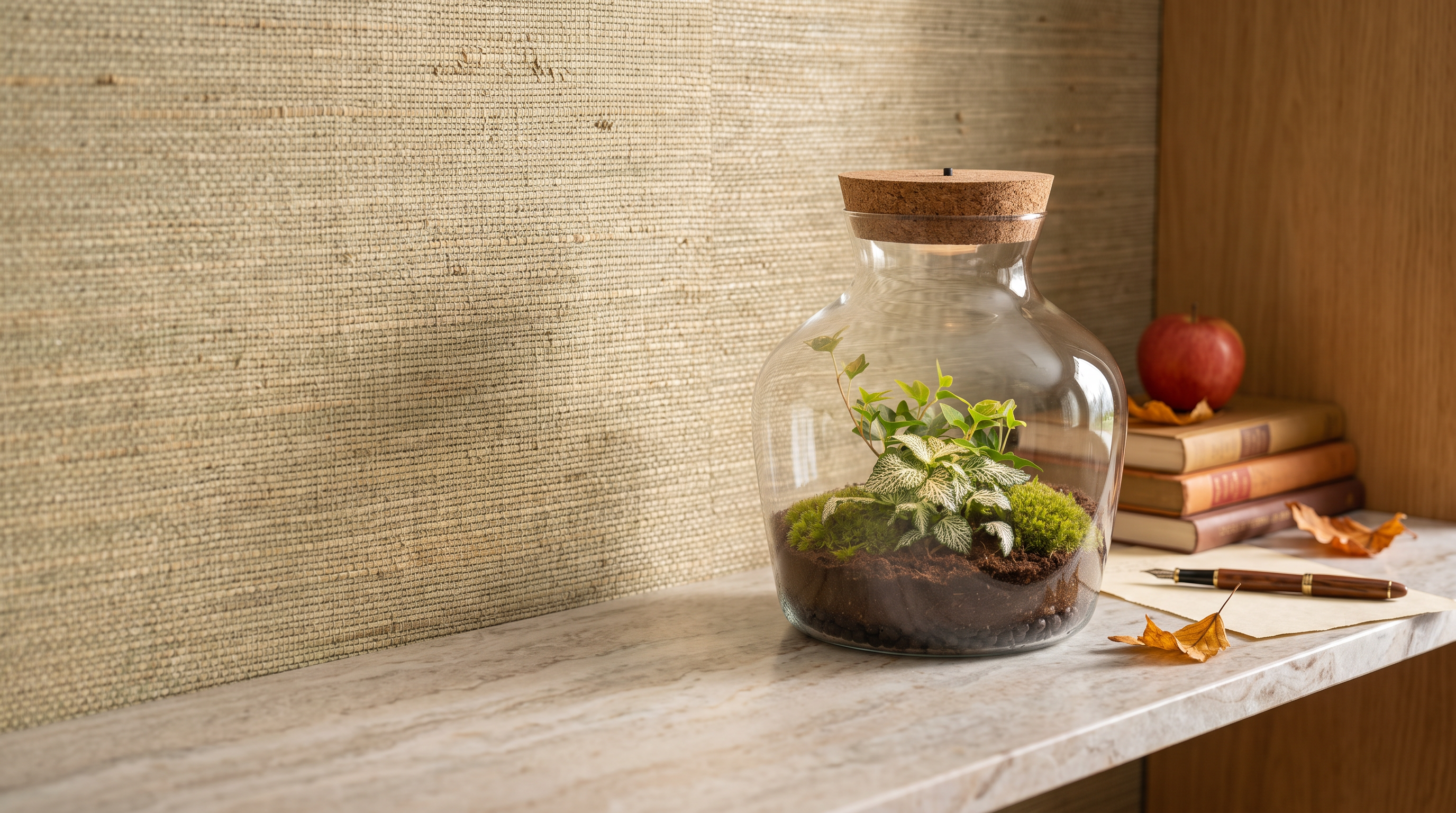 Little Joe terrarium with Hedera Helix and Fittonia White Tiger, styled with books, an apple and autumn leaves for World Teachers' Day