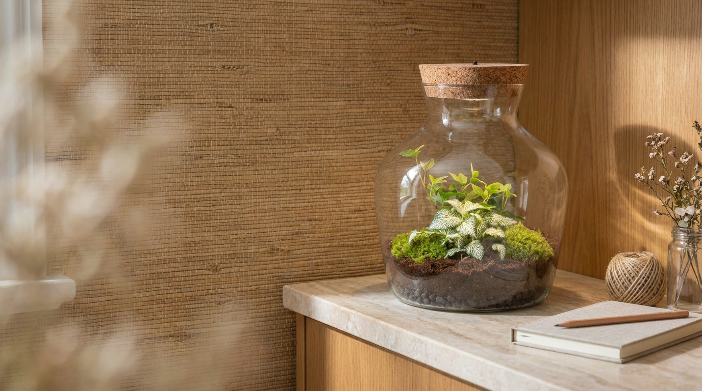 Round glass Little Joe bottle garden terrarium with Hedera Helix ivy and Fittonia White Tiger, styled for a terminology comparison