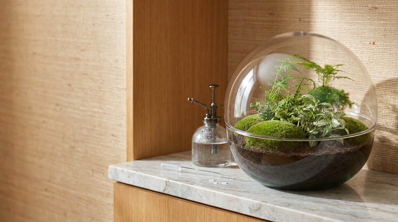 Dome XL glass terrarium with fern and fittonia plants, a water mister and droplets on a warm stone shelf