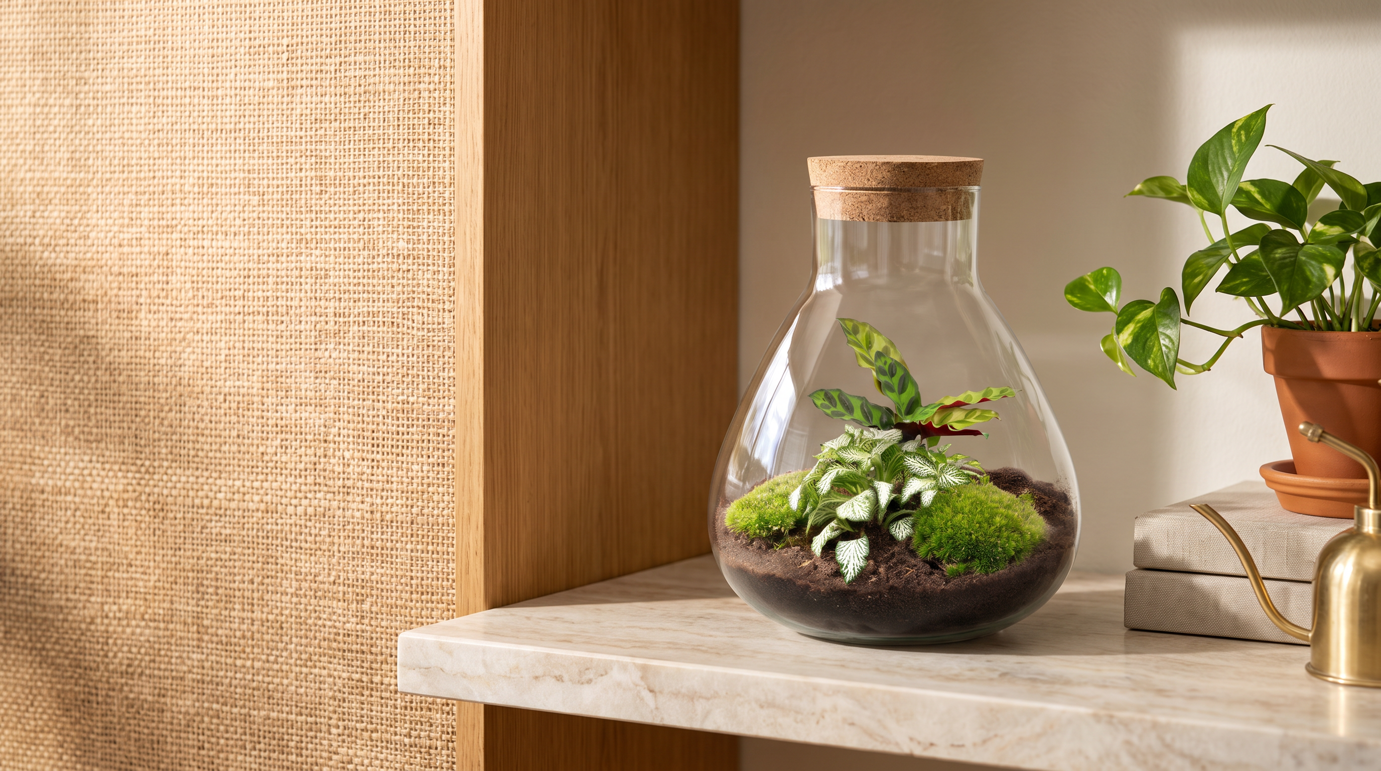 Sammie Calathea terrarium on a marble windowsill shelf with a trailing pothos and warm wooden accents