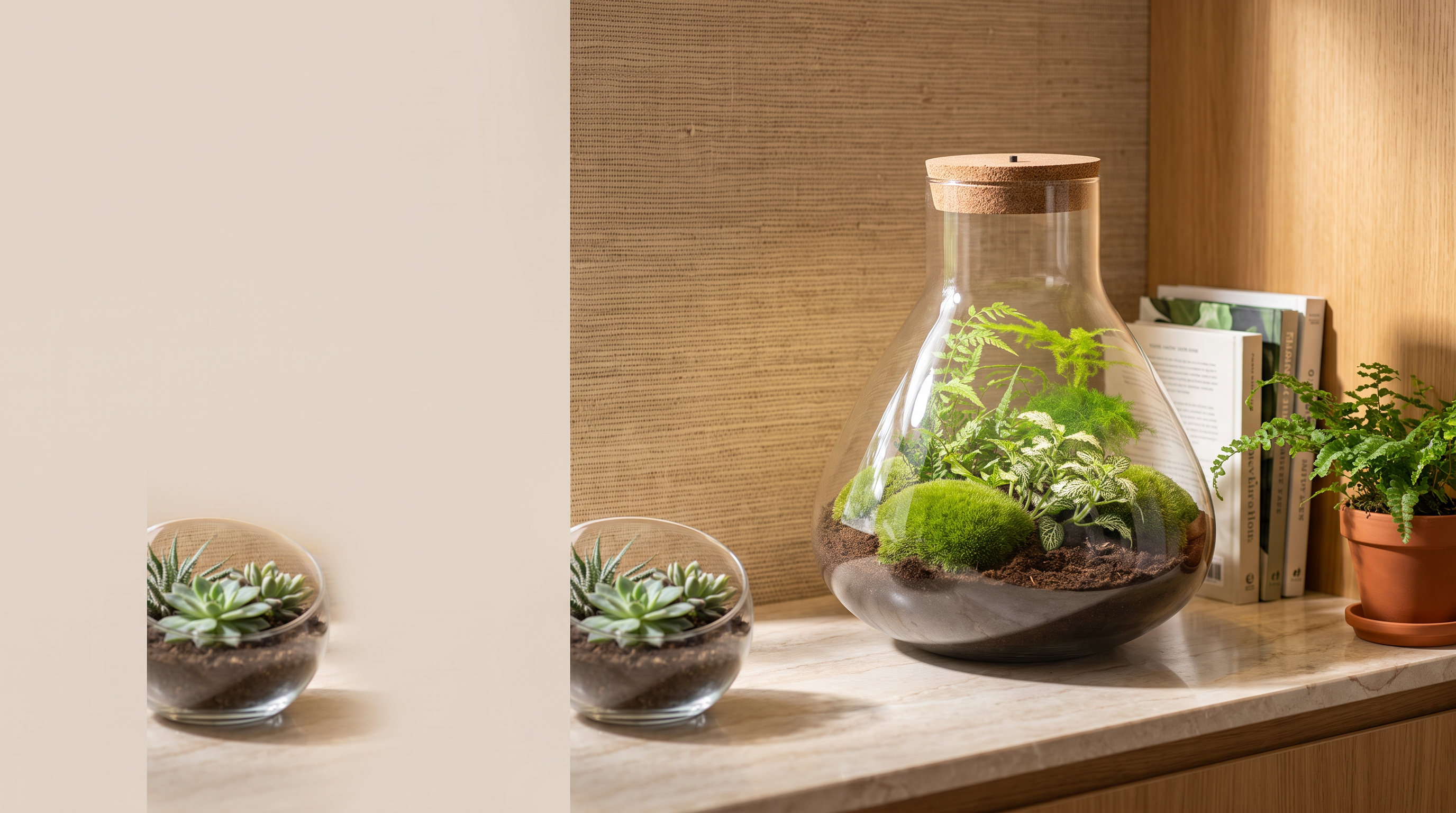 Sam XL terrarium with LED cork on a marble shelf in a warm interior with honey-toned wood and woven wall covering