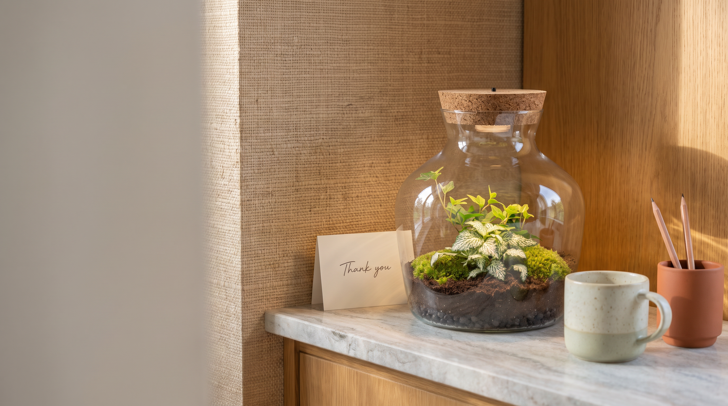 Little Joe closed terrarium with LED cork on a marble shelf next to a thank-you card, a mug and pencils in a terracotta cup