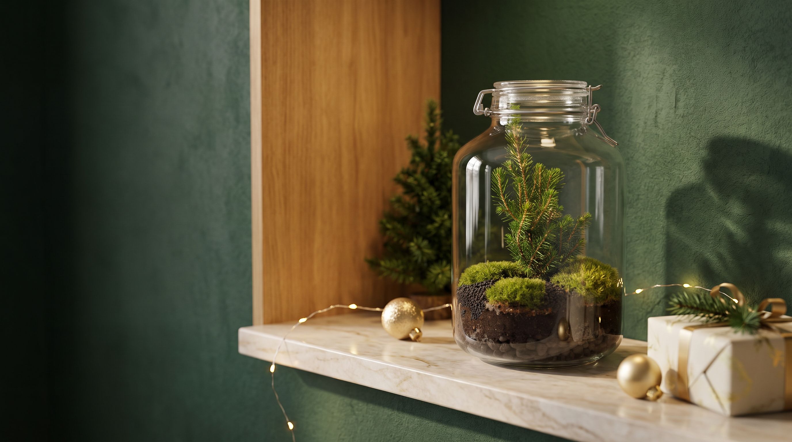 Jar terrarium kit with a small Christmas tree and moss on a marble shelf in front of a dark green wall with warm fairy lights and a wrapped gift