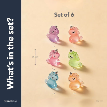 Unicorns - Set of 6 - Miniature Figurines - Glow in the dark - Multicolor ↑ 2,5 cm