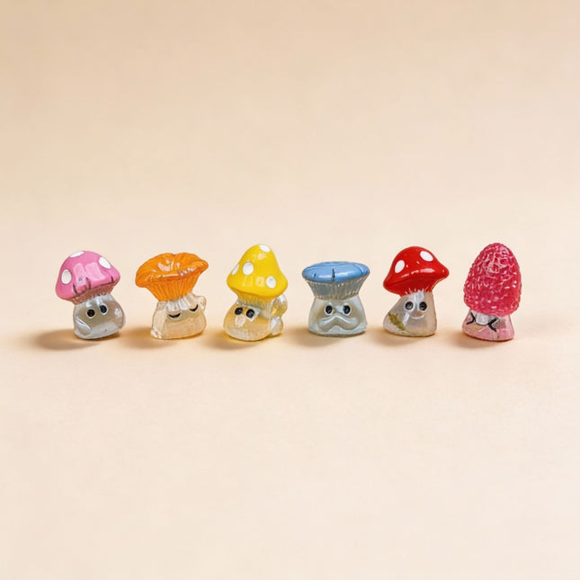 Night Mushrooms Set of 6 - Miniature Figurines - 2 cm Tall - Glow-in-the-Dark