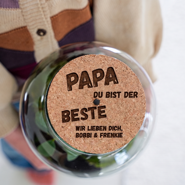 Engraved LED cork lid - 'PAPA DU BIST DER BESTE' - Add custom text - Cork size S (GERMAN)