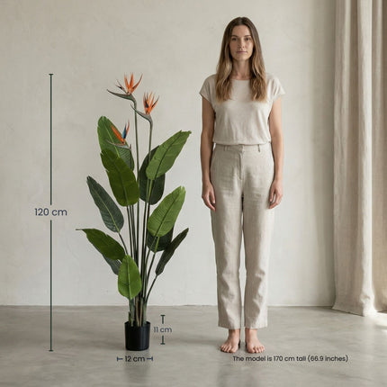 Strelitzia mit Blüten – 120 cm – In Schwarzem Topf – Künstliche Pflanze