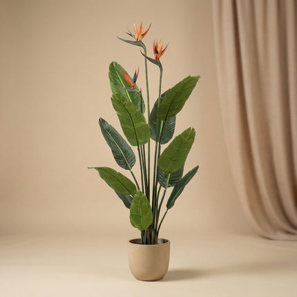 Strelitzia mit Blüten – 120 cm – In Schwarzem Topf – Künstliche Pflanze