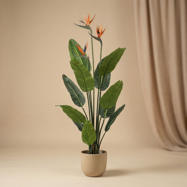 Strelitzia mit Blüten – 120 cm – In Schwarzem Topf – Künstliche Pflanze