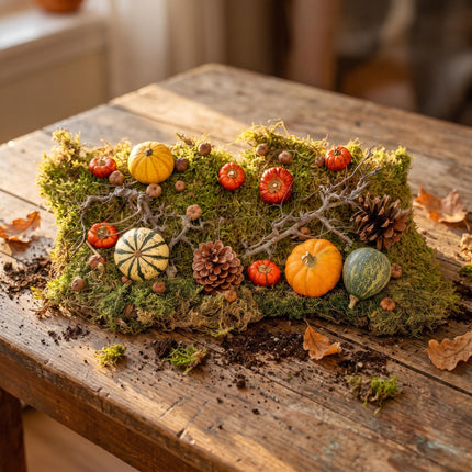 Autumn deco kit 4 real Pumpkins Ø 6 cm + moss wood cones