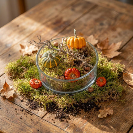Autumn bowl Medium Glass 2 pumpkins moss cones Ø 20 cm ↑ 8 cm