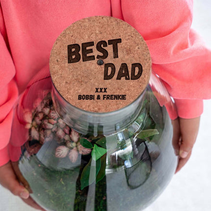 Father's Day terrarium Little Joe + Custom engraved cork with light - Bottle garden DIY kit - Ø 20 cm ↑ 22 cm