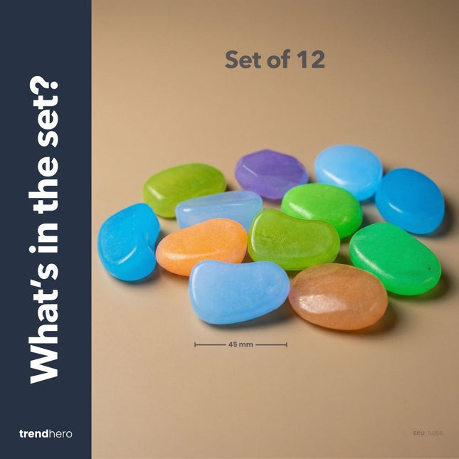 Glow Stones Medium - 12 pcs - Glow in the dark - Terrarium decoration - Aquarium decoration - Multicolor - 3-5 cm