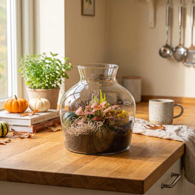Little Joe Autumn (Halloween) - Glass bottle with Autumn plants and mini pumpkins - Autumn Bottle garden DIY kit - Ø 20 cm ↑ 22 cm
