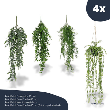 Hanging Plants XL - Artificial Plants Bundle - Set of 4 in Blister Packaging