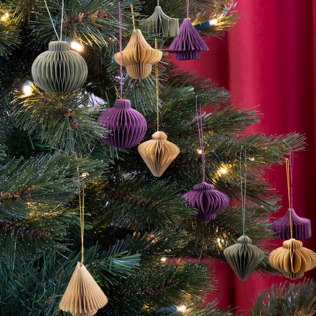 Ornements en papier suspendus - Lot de 6 pièces - 4,5 cm - Boules alvéolées de Noël - Couleur : Violet - Vert - Olive - Décorations pour sapin de Noël