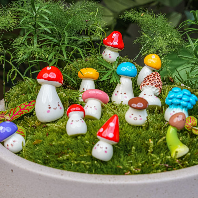 Mushroom Party Set of 13 Miniature Mushroom Figurines with Faces – 2 cm Tall