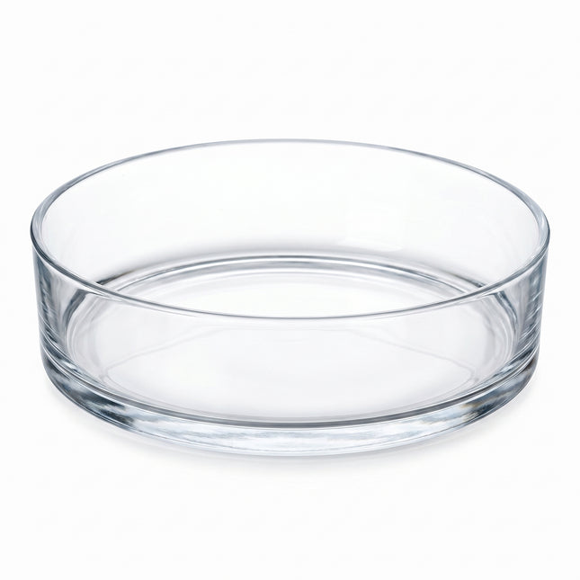 Open glass cylinder bowl with straight walls and flat base, diameter 29 cm, height 8 cm