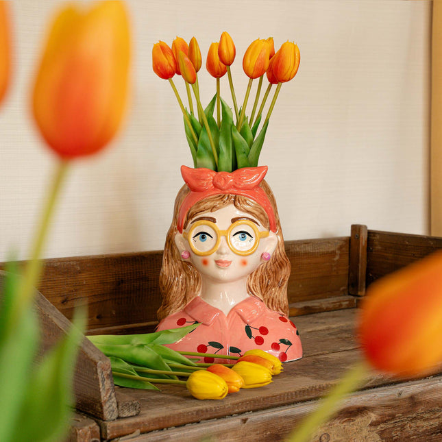 Vase Jessie mit Schleife + 10x Real Touch Tulpen Orange