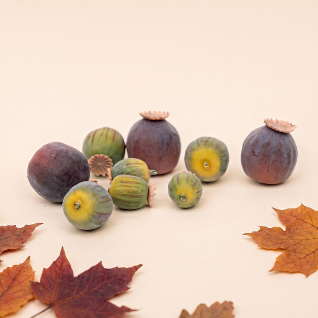 Artificial poppy flowers in green purple and brown, three different sizes, foam material