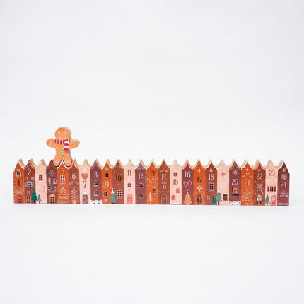 Wooden advent calendar with gingerbread houses in brown tones, 48 cm wide, hanging on wall