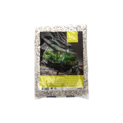 White drainage gravel in a glass terrarium forming the bottom layer
