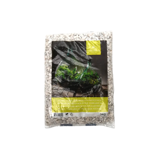 White drainage gravel in a glass terrarium forming the bottom layer