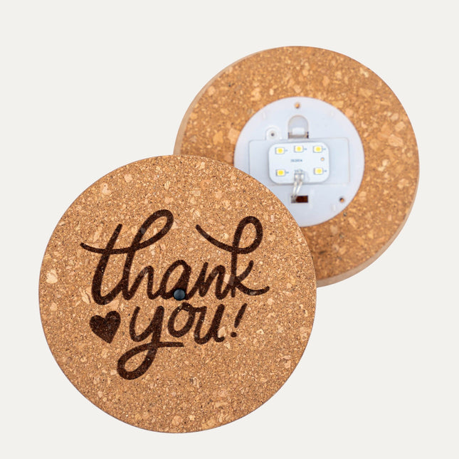Engraved LED cork lid - 'THANK YOU' - Custom text - Available in 3 sizes
