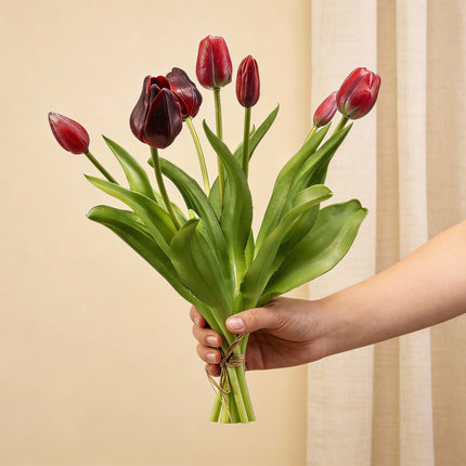 Tulpenstrauß - Dunkelrot - ‘Real Touch’ Kunsttulpen - 7 Stiele - 40 cm