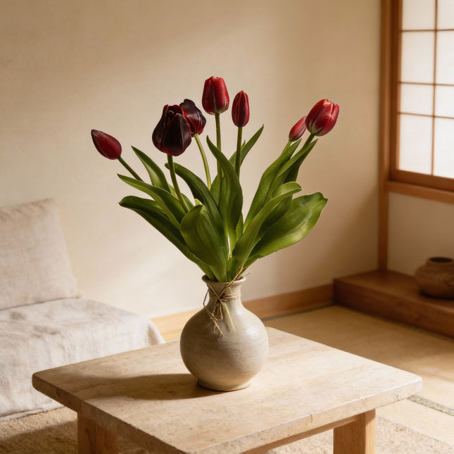 Tulpenstrauß - Dunkelrot - ‘Real Touch’ Kunsttulpen - 7 Stiele - 40 cm