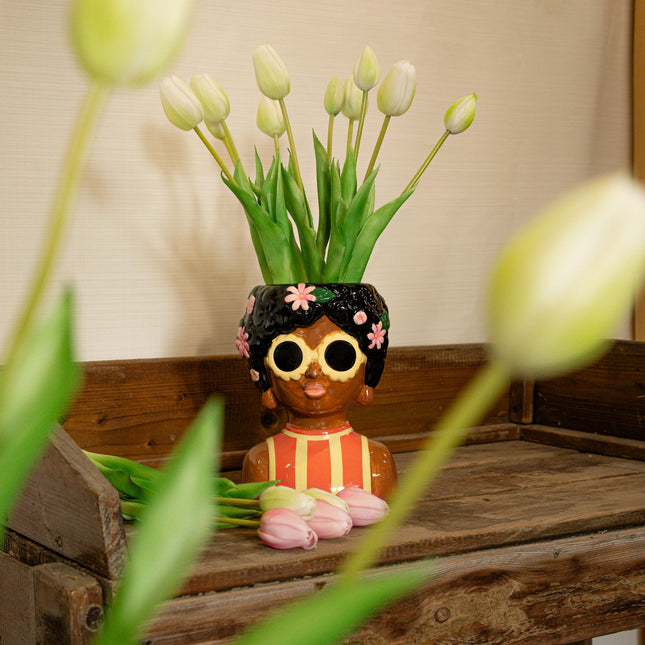 Vase Lady Sunny + 10x Real Touch Tulpen Weiß/Grün
